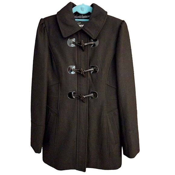 Guess Wool Blend Peacoat w/ Hidden Full Zip, Toggle & Patent Trim, M, Black - Picture 2 of 7